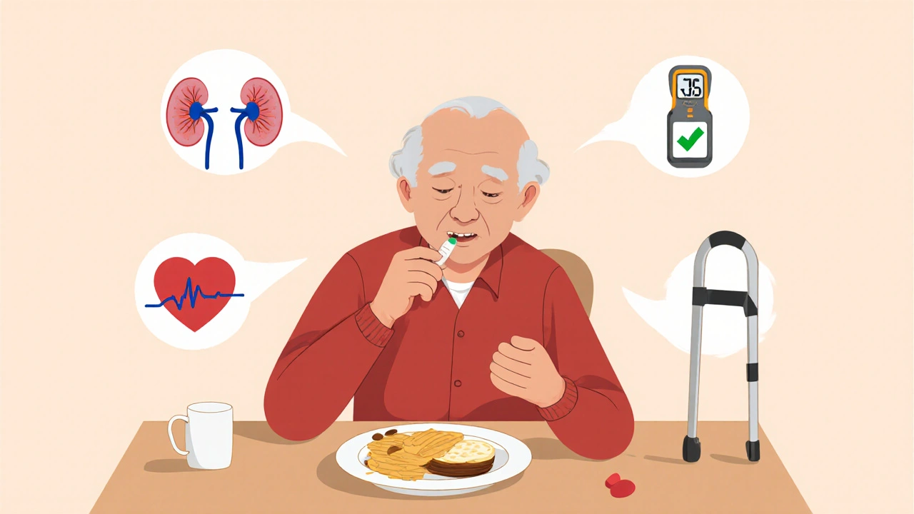 An older person taking saxagliptin with icons representing kidney safety, stable glucose, and reduced fall risk.