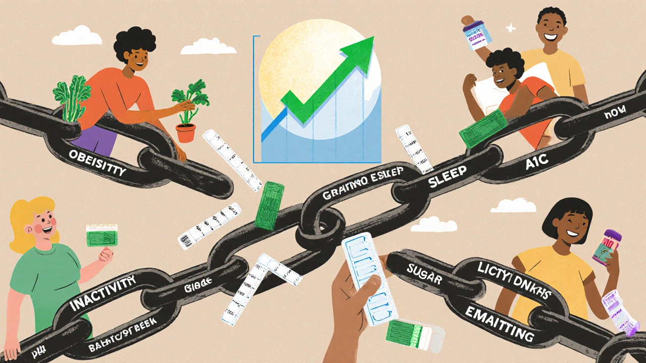 Breaking chain of risk factors revealing healthy lifestyle changes, with rising A1C graph turning downward.
