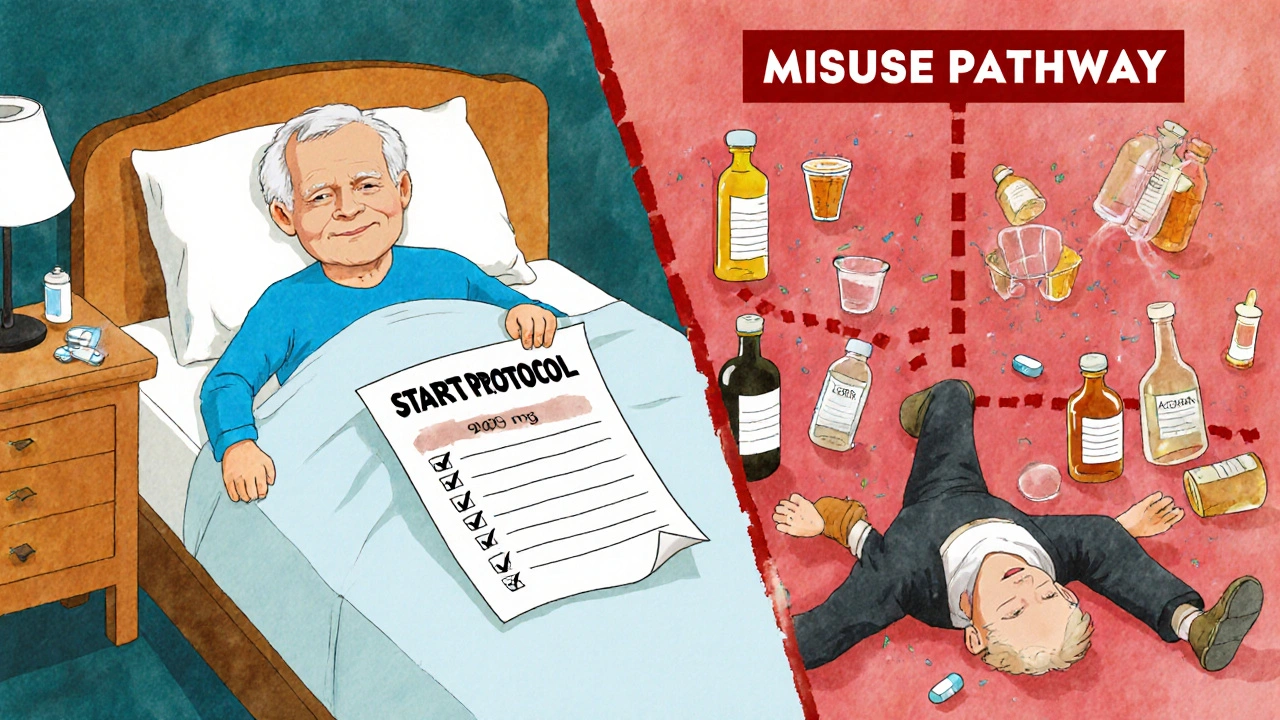 Calm safe use vs chaotic misuse of gabapentin, split scene with START protocol checklist.