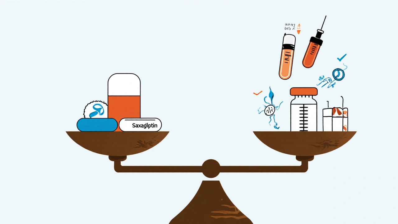 Comparison scale showing saxagliptin as a safe, weight-neutral pill versus insulin and sulfonylureas with risks.