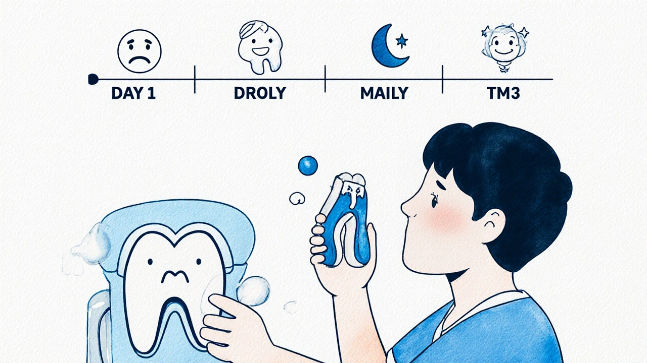 Dentist showing a mandibular advancement device with a timeline of adjustment from discomfort to consistent use.