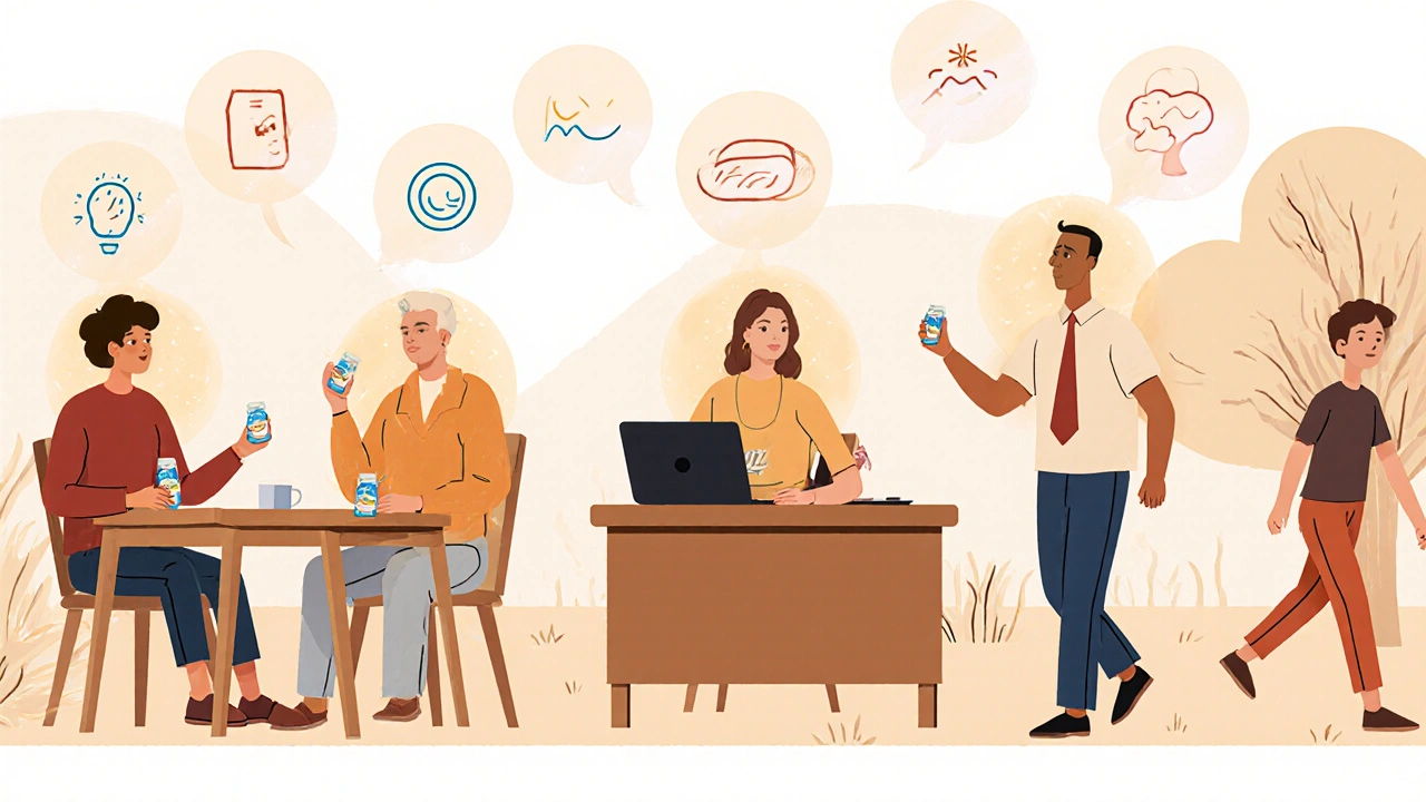 Diverse people in everyday UK settings with subtle glowing auras representing improved energy and focus from Wahoo.