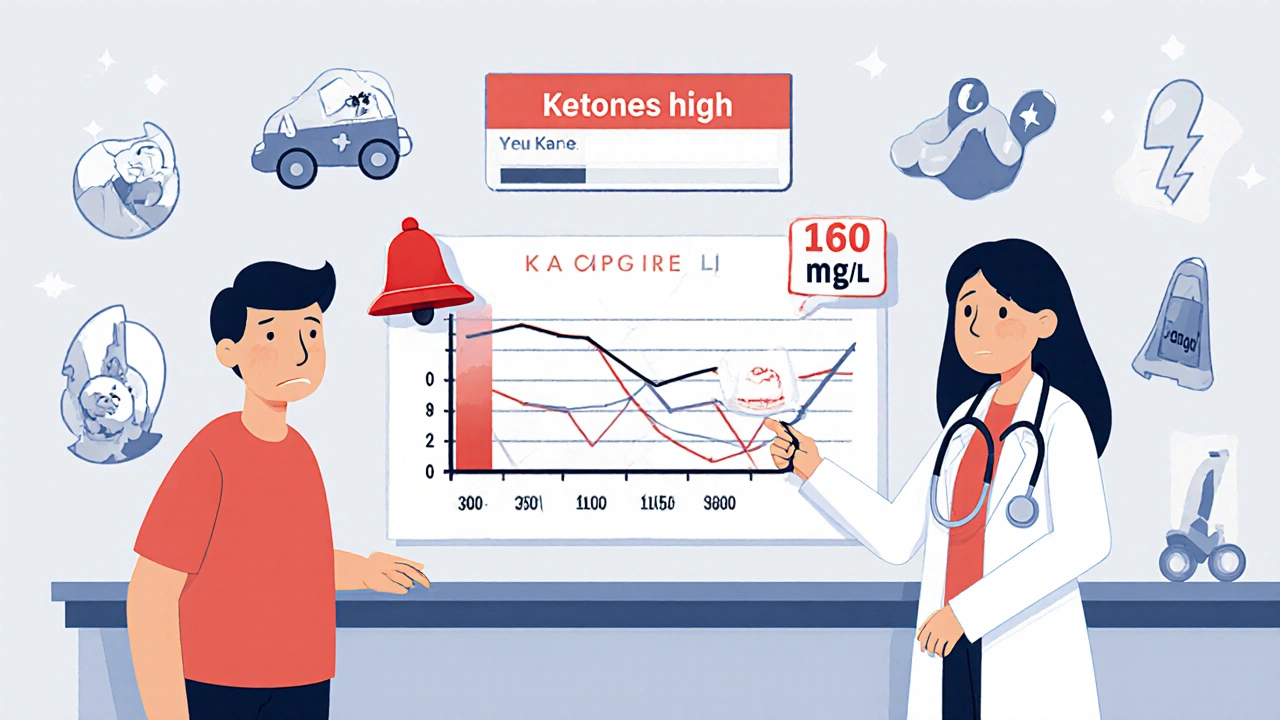 Doctor and patient discussing test results showing normal glucose but high ketones, with illness triggers floating nearby.