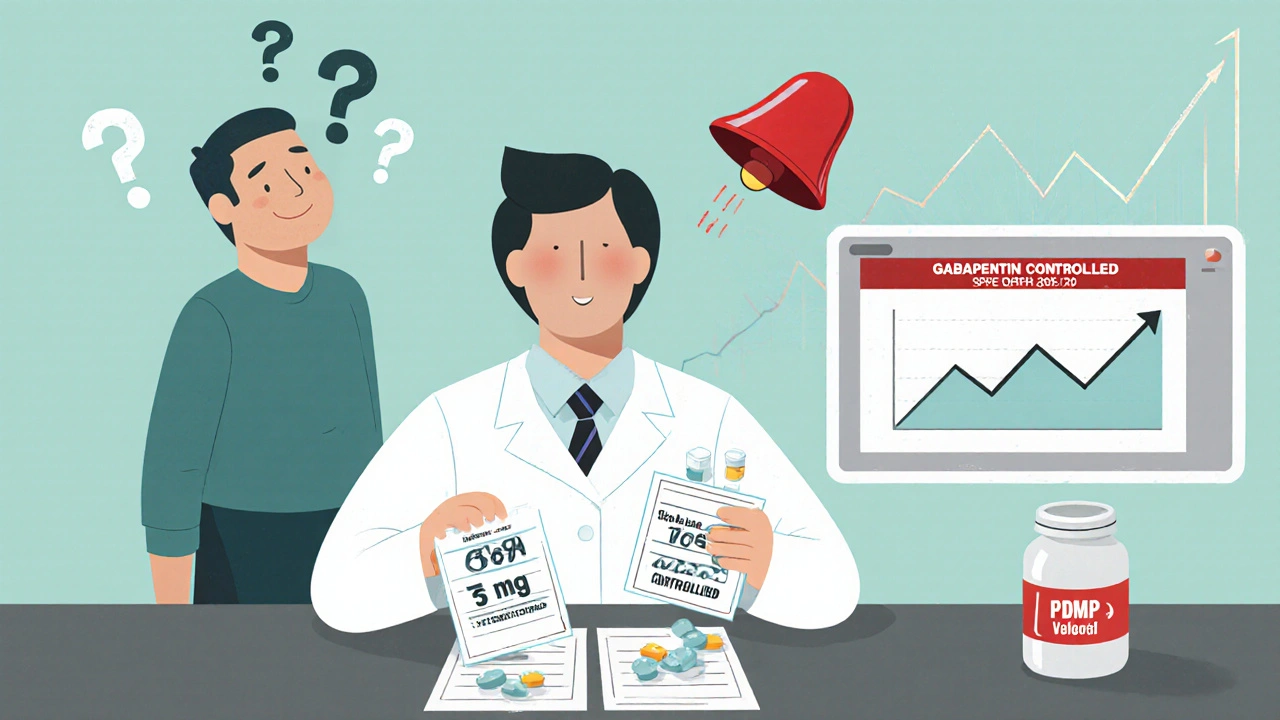Doctor choosing between low and dangerously high gabapentin doses, warning signs in background.