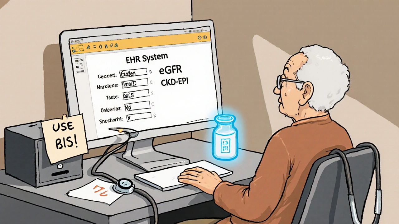 Doctor’s desk with computer showing outdated kidney calculation and a glowing cystatin C test vial.