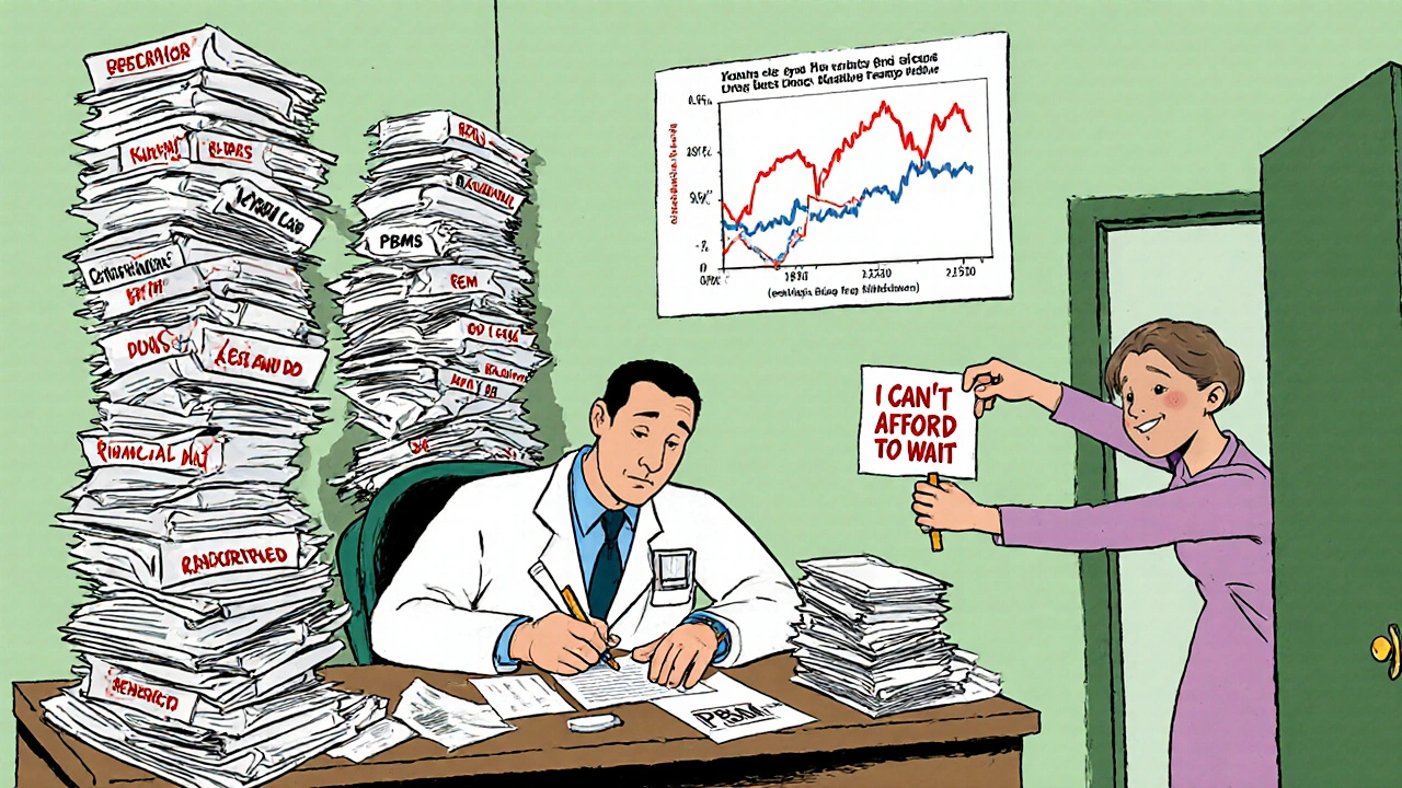 Doctor surrounded by mountains of paperwork, tearing up a generic prescription as a patient waits anxiously, with a chart showing rising costs and falling well-being.