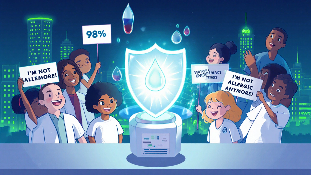 Futuristic penicillin test kit showing 98% accuracy with smiling patients celebrating