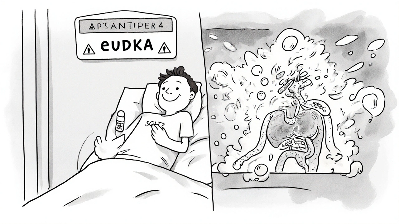 Hospital patient with warning sign for euDKA, split between taking medication and dangerous ketone buildup.