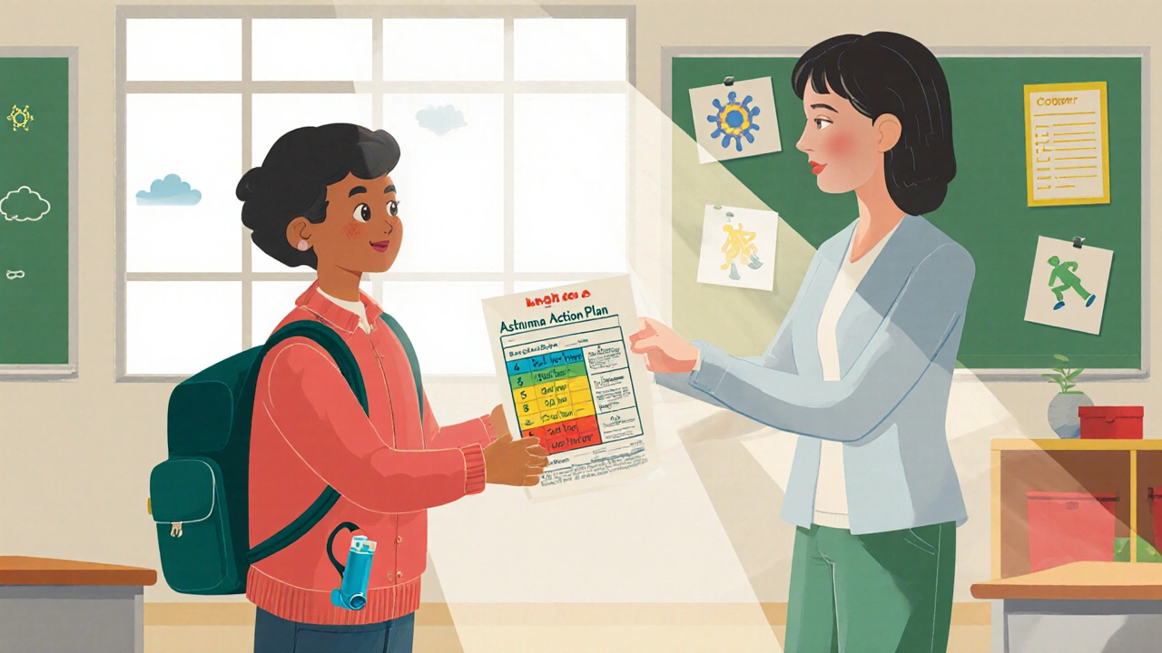 Parent giving asthma action plan to teacher while child wears inhaler, classroom setting.