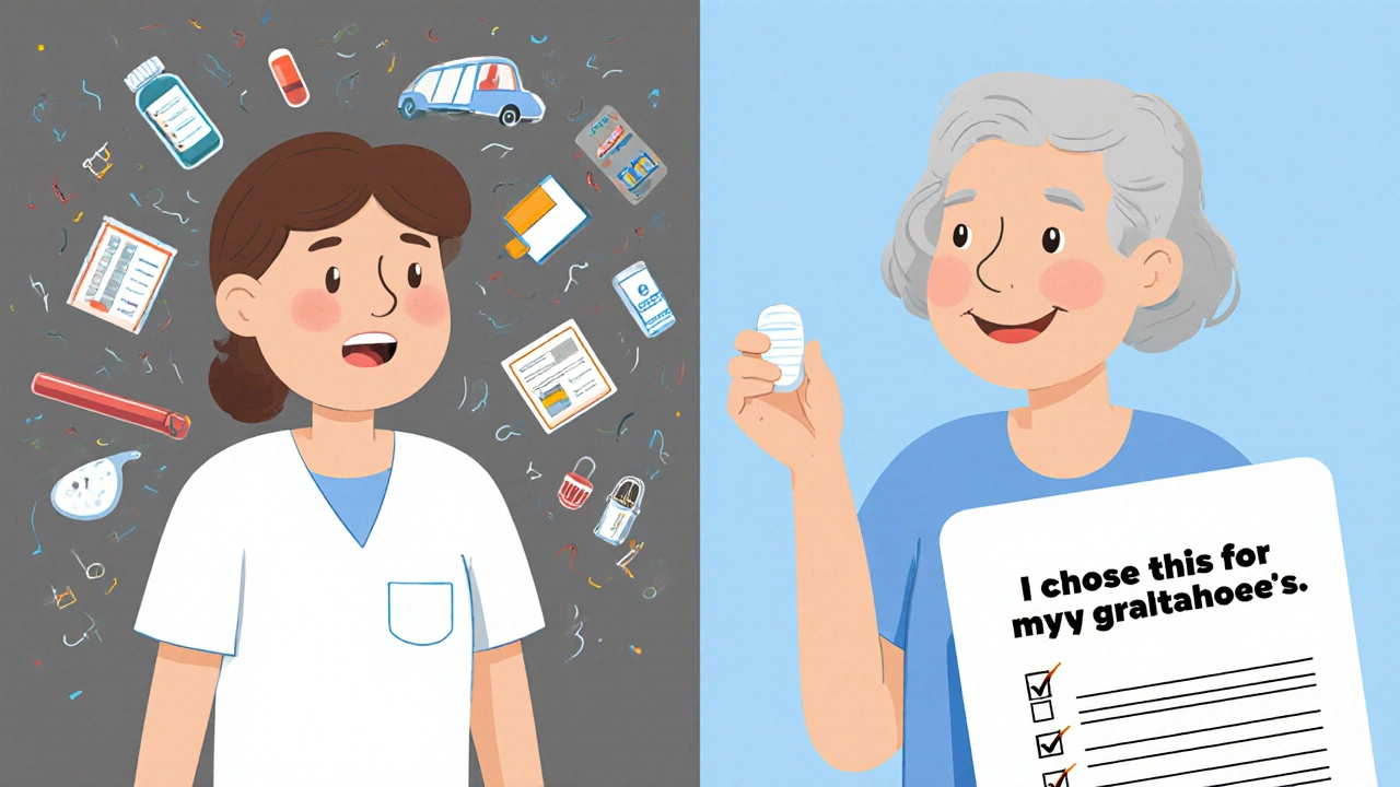 Patient overwhelmed by side effects vs. calm after choosing treatment based on personal priorities.