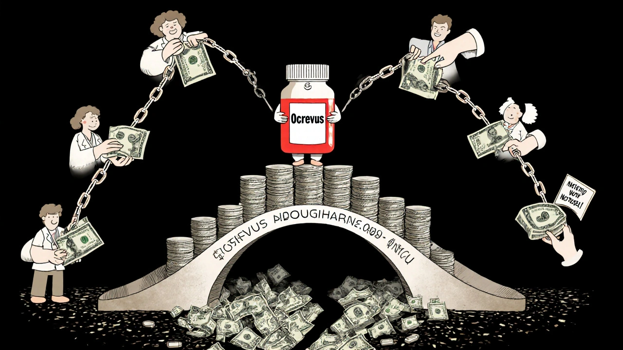 Patient standing on stacked cash holding a brand drug, while a broken bridge to biosimilars collapses beneath them, with doctors and insurers pulling upward.
