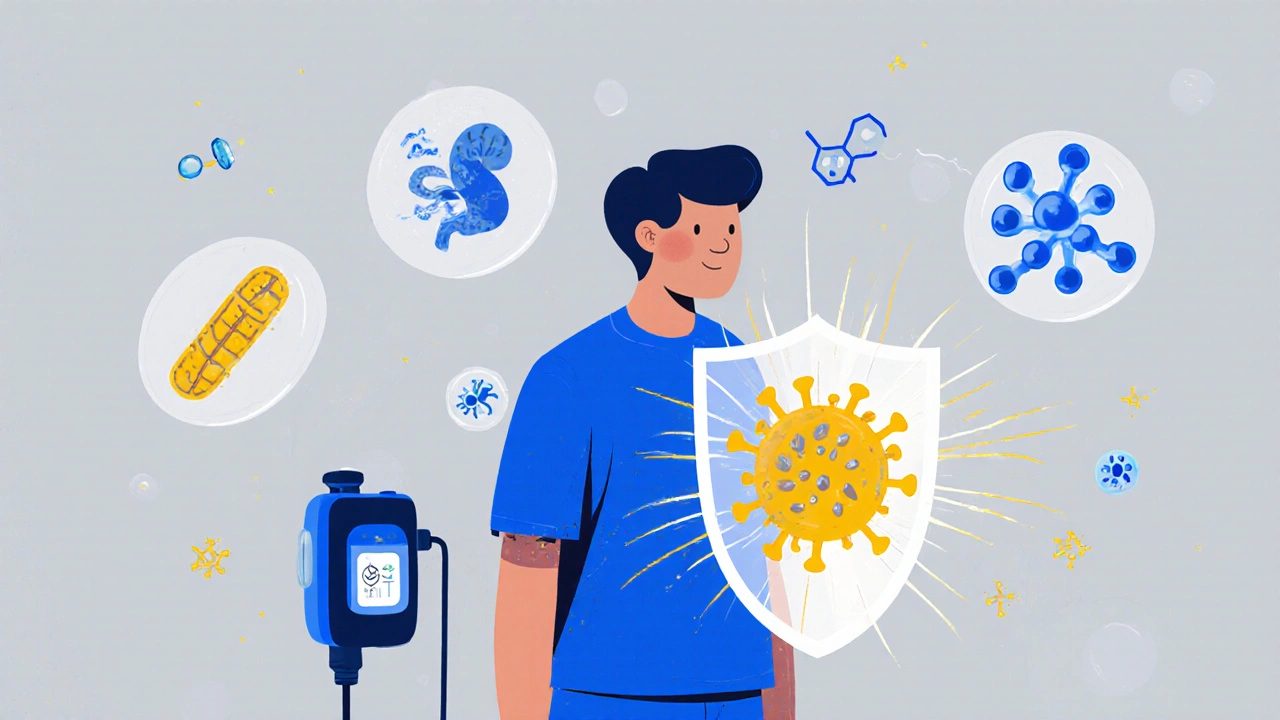 Patient with insulin pump protected by immune therapy shield