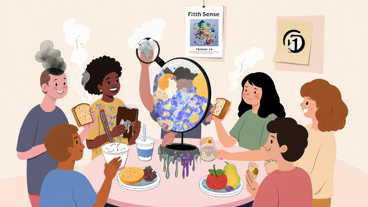 People holding corrupted foods while microscopic drug molecules hijack smell receptors in the background.