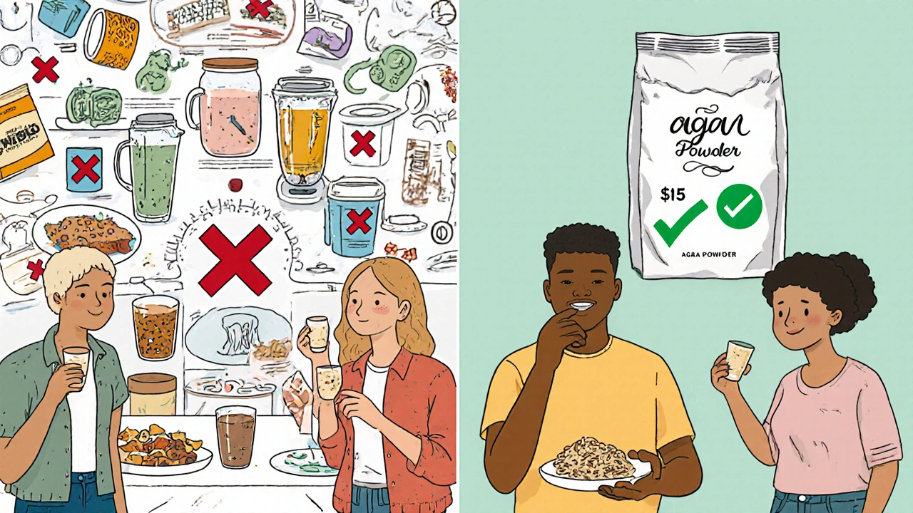 People using agar in meals while synthetic supplements are marked with Xs and agar is highlighted with a checkmark.