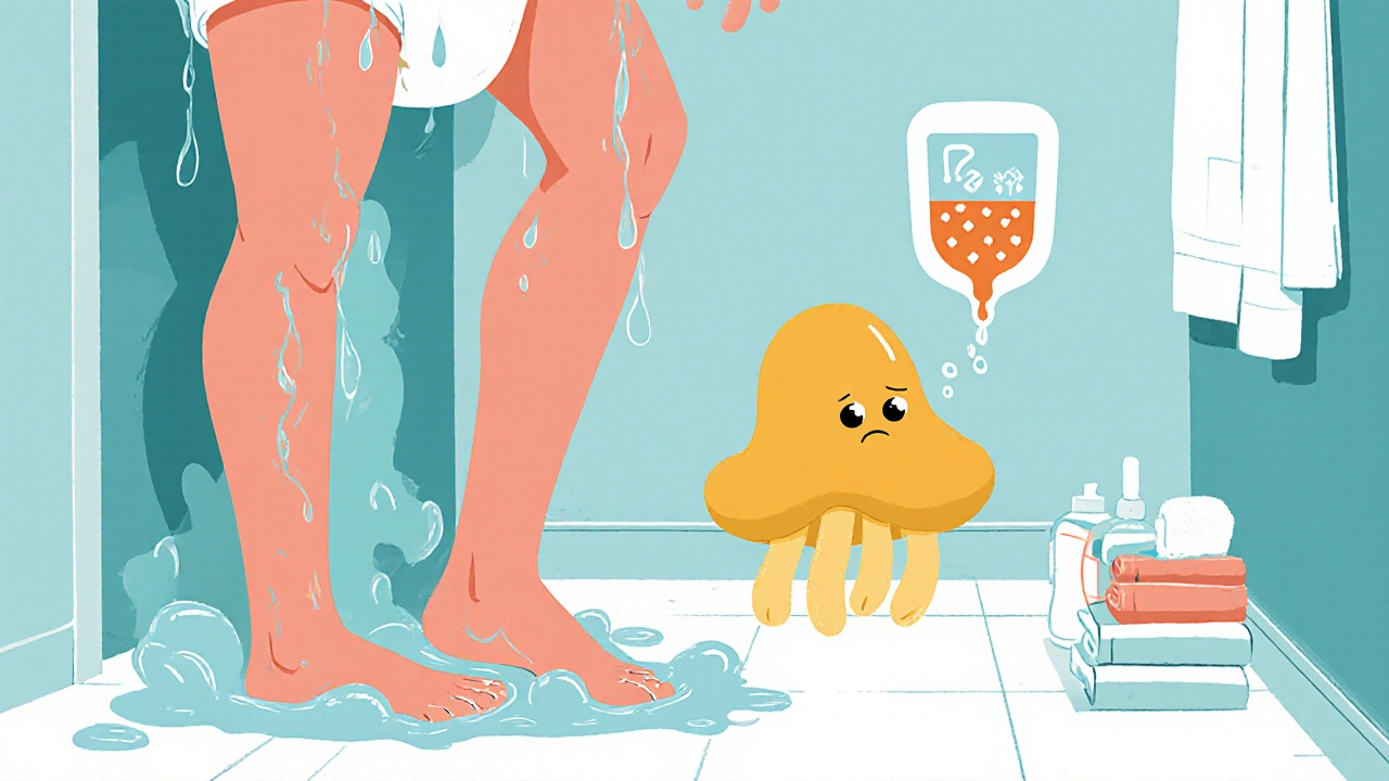 Person changing out of wet clothes as yeast fungus fades, SGLT2 inhibitor pill nearby.