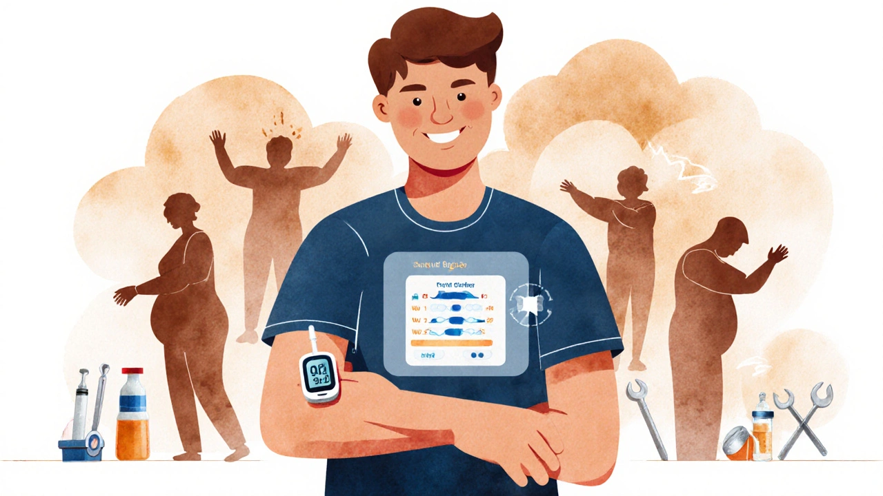 Person checking glucose monitor as low blood sugar and weight gain shadows recede.