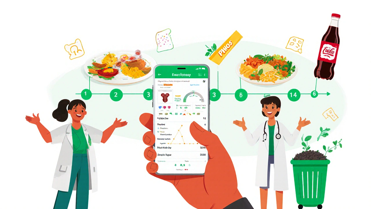 Person using kidney health app with dietitian, discarding processed foods with phosphorus labels.