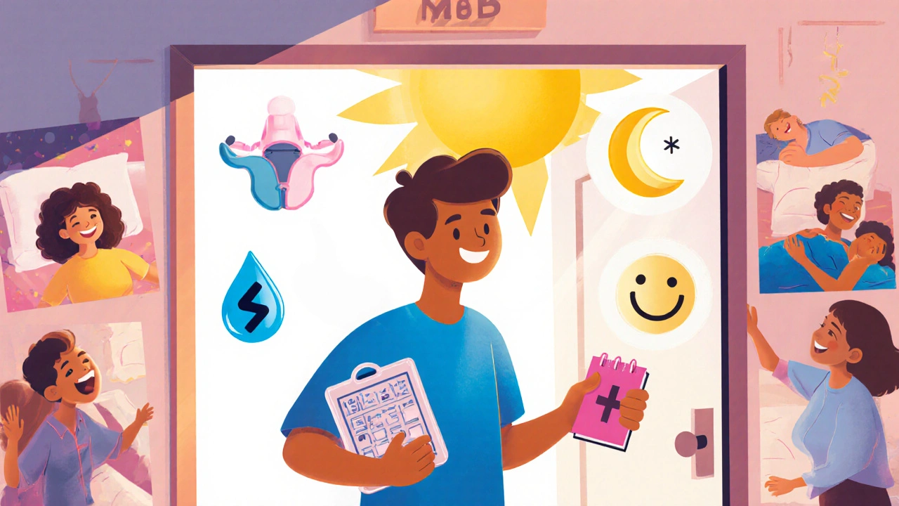 Person walking confidently into sunlight with icons representing improved bladder control and lifestyle.