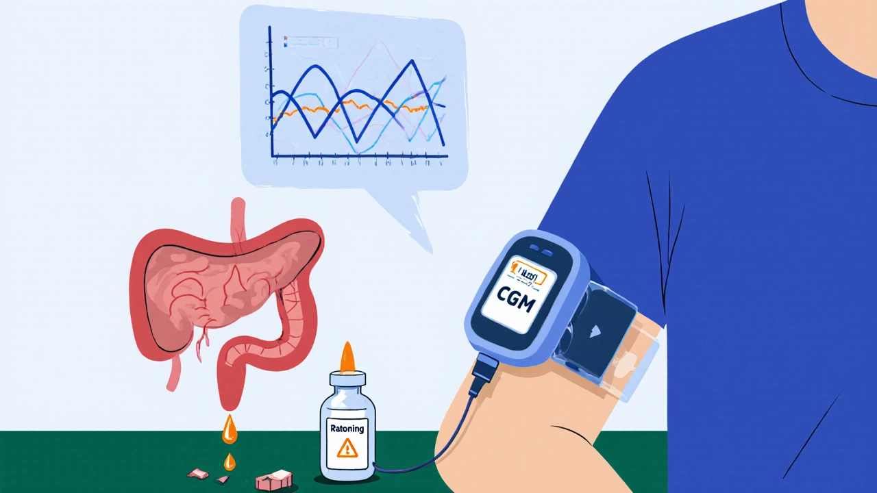 Person with insulin pump and CGM, floating blood sugar graphs above arm, broken vial labeled &#039;Rationing&#039; on floor.