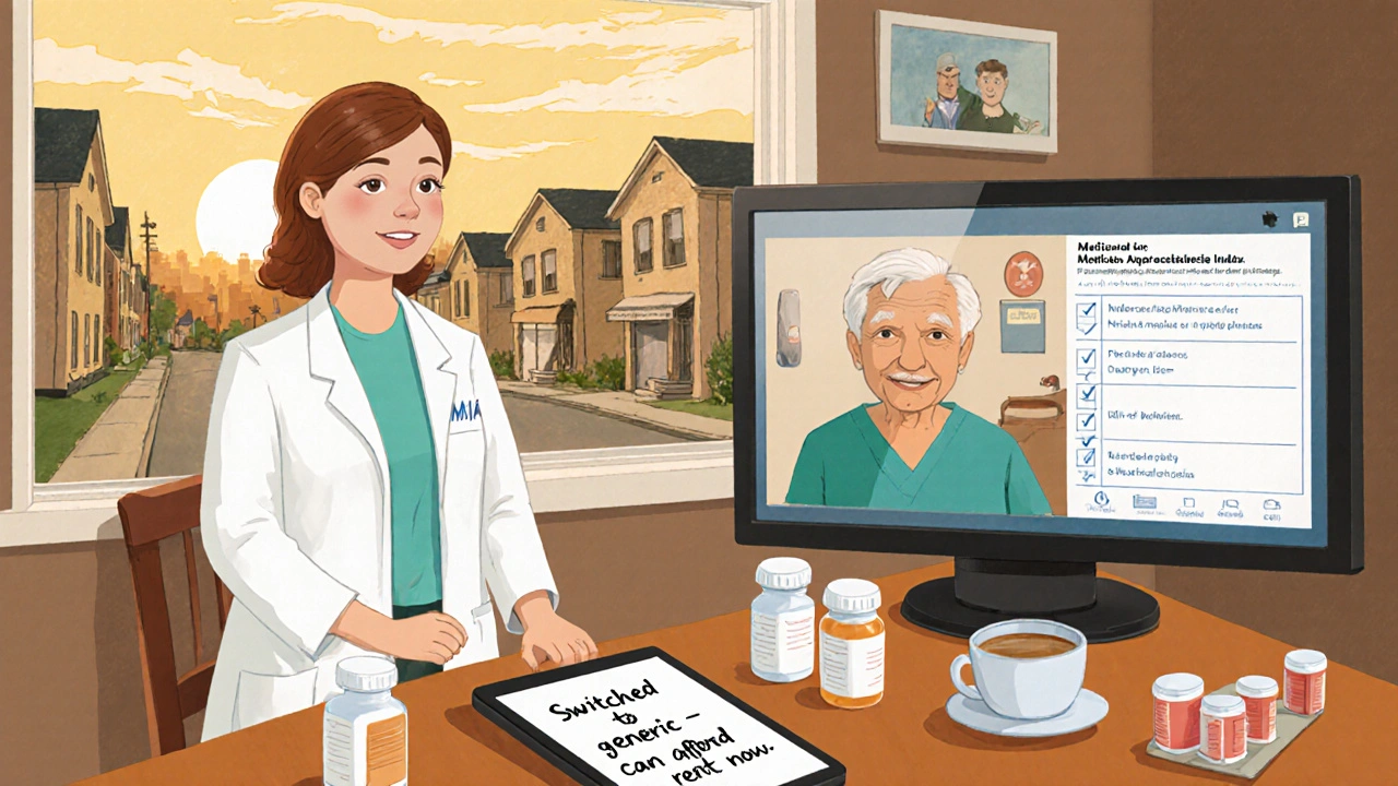 Pharmacist conducts virtual Medication Therapy Management session with elderly patient at kitchen table.