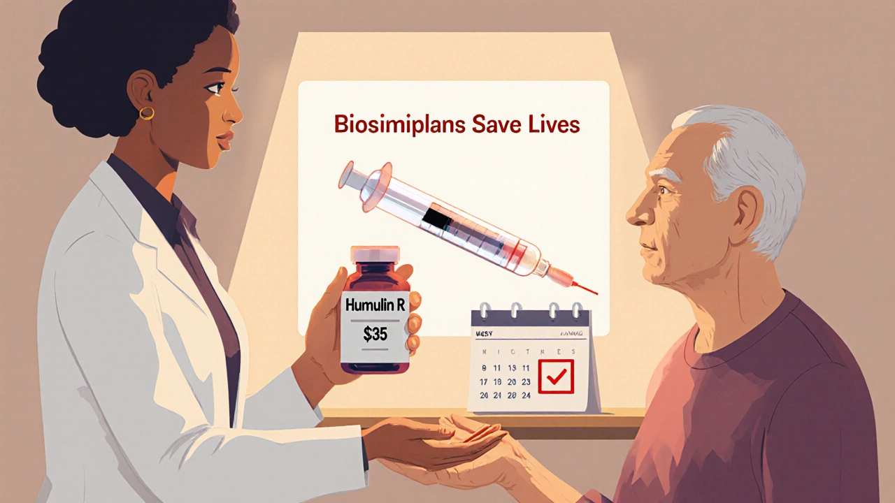 Pharmacist giving affordable human insulin to older adult, with once-weekly insulin syringe glowing in background.