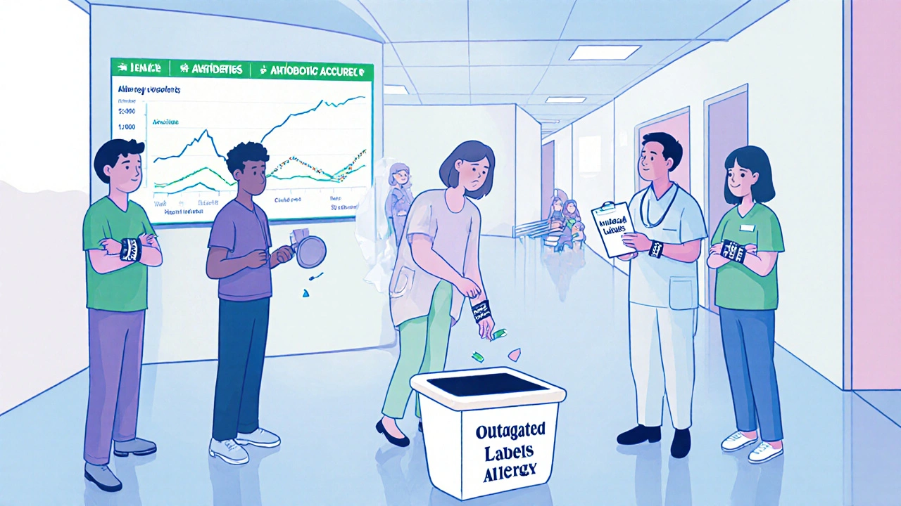 Pharmacist helping patients remove outdated penicillin allergy labels in hospital hallway