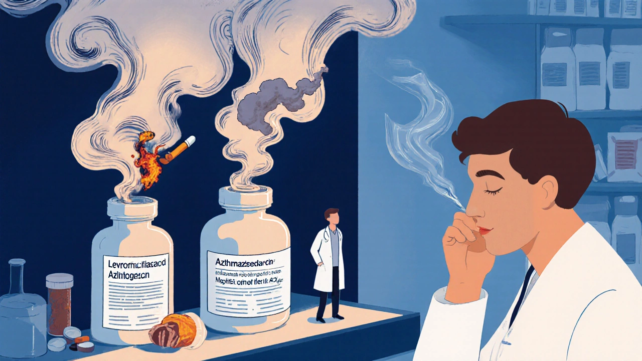 Pharmacy pills emitting hallucinated smells like burnt plastic and smoke, with a patient and doctor in background.