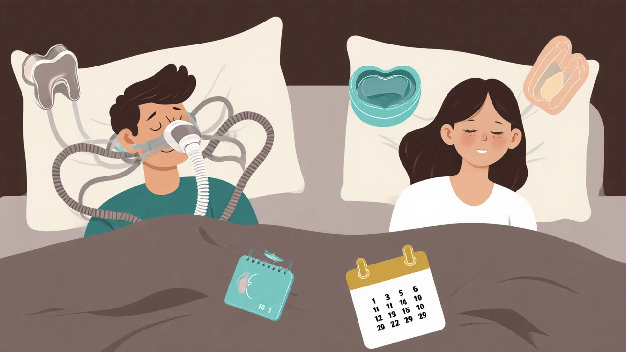 Side-by-side comparison: one person with CPAP struggling to sleep, another with a quiet oral appliance sleeping peacefully.