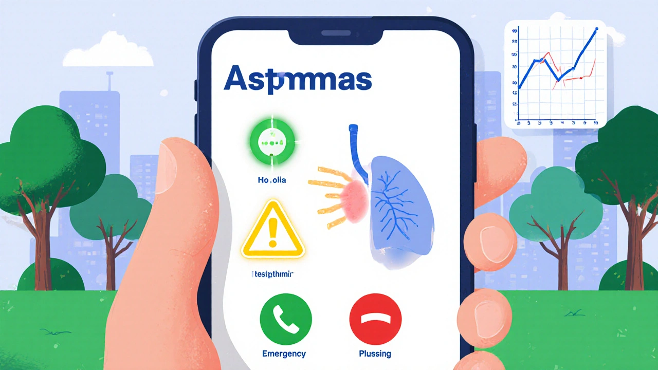 Smartphone app showing asthma zone alerts with person breathing calmly in a park.