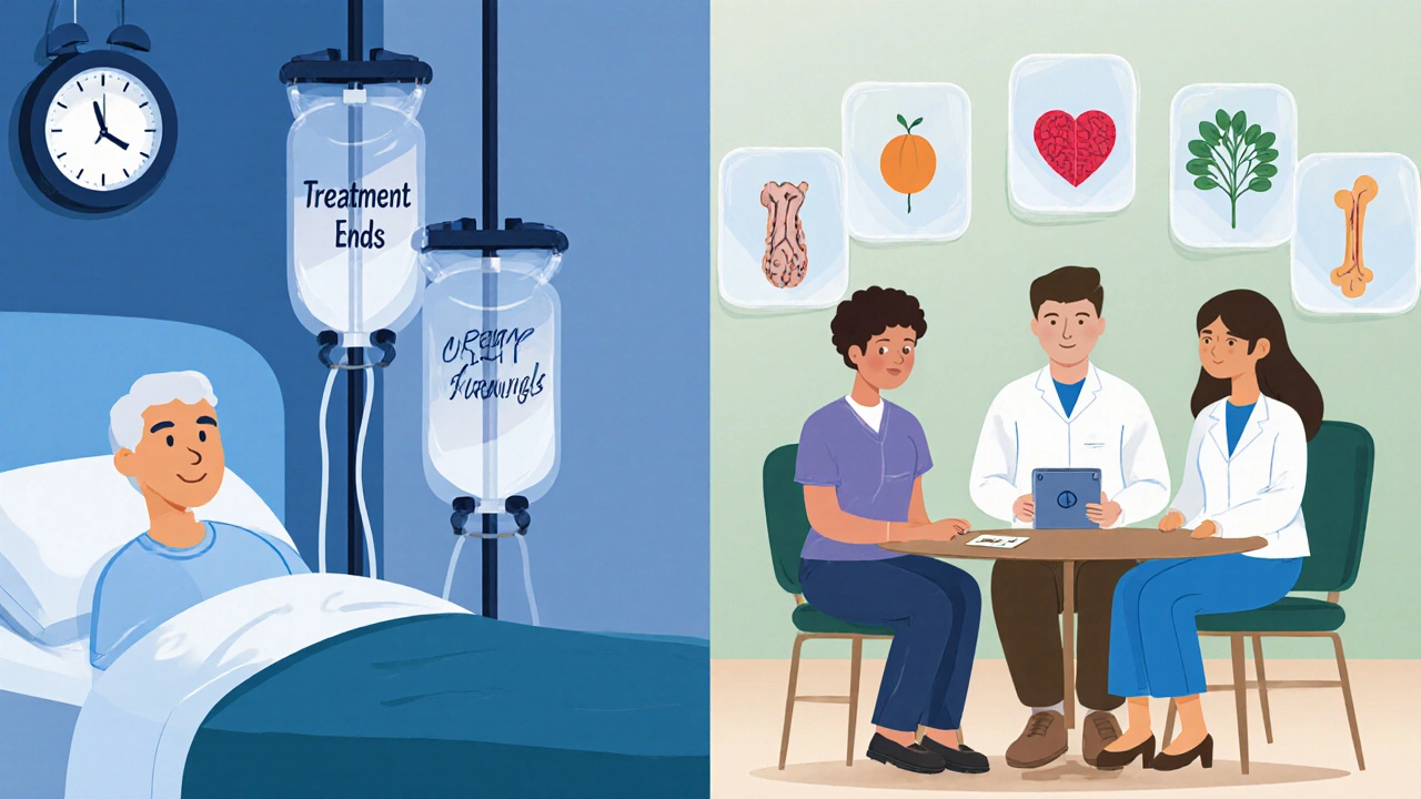 Split illustration showing transition from cancer treatment to holistic survivorship care with healthcare providers and icons of recovery.