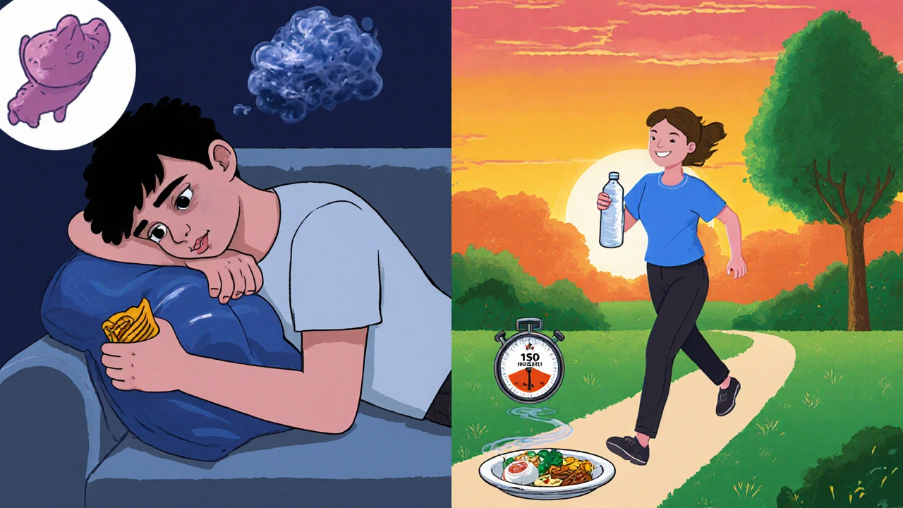 Split illustration: tired person eating junk food vs. same person walking happily and eating healthy meals.