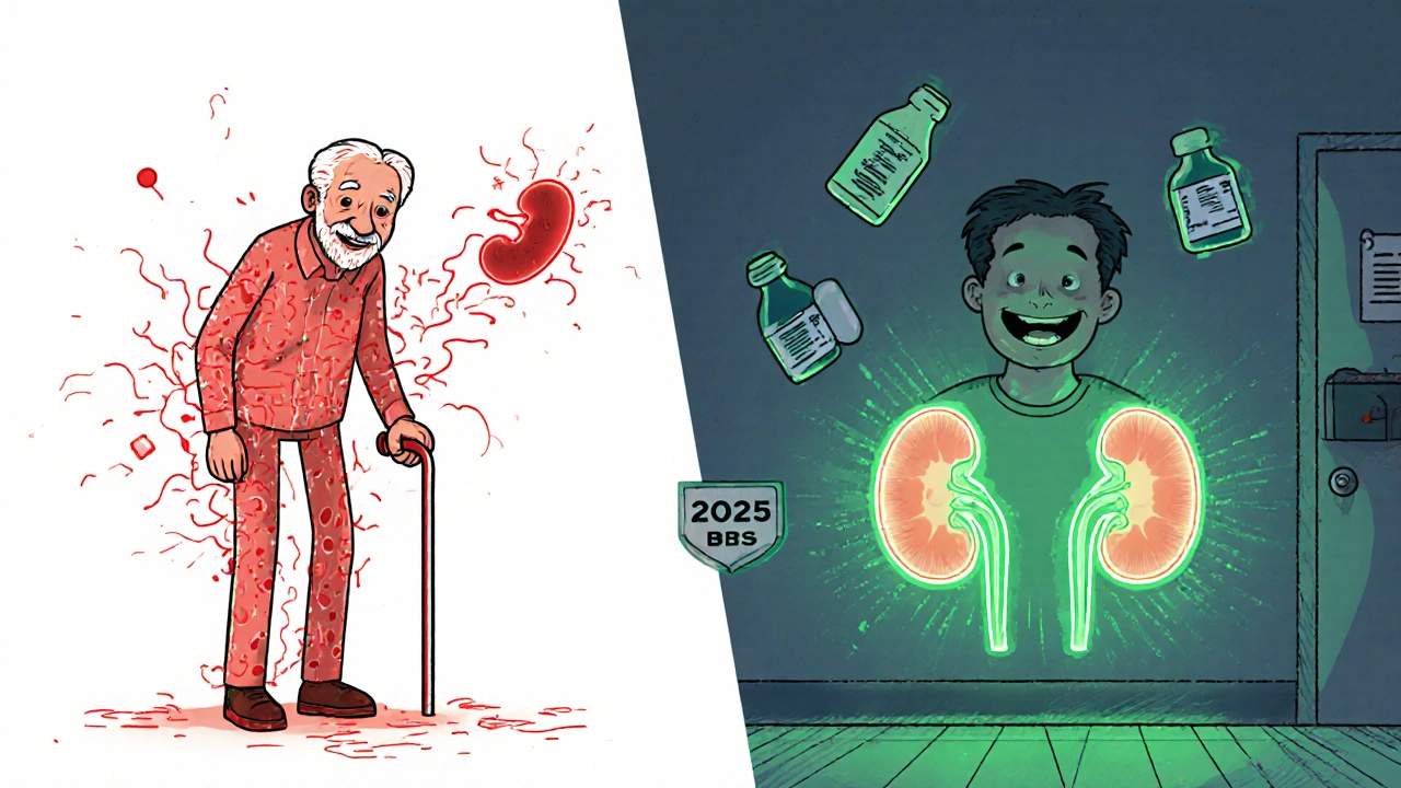 Split image: frail senior with dangerous drug overload on left, healthy kidney function on right.