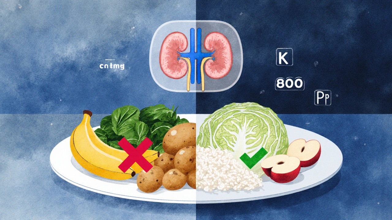 Split plate: high-potassium foods with X marks vs. low-potassium renal-friendly foods with checkmarks.