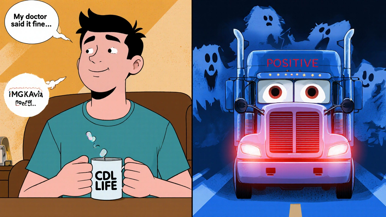 Split scene: driver taking Adderall at home vs. failing DOT drug test in truck