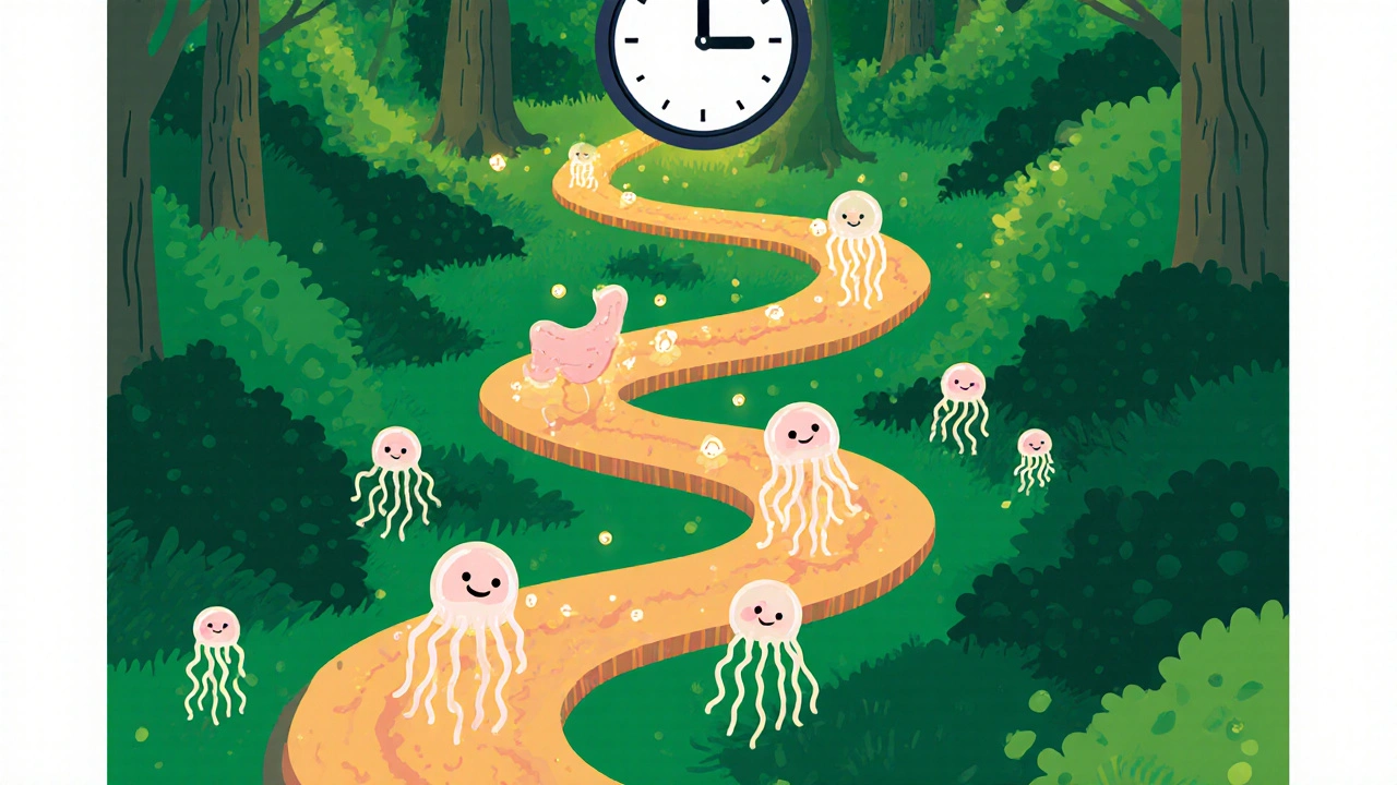 Stylized digestive tract with agar jellyfish-like particles nurturing friendly bacteria in a forest setting.