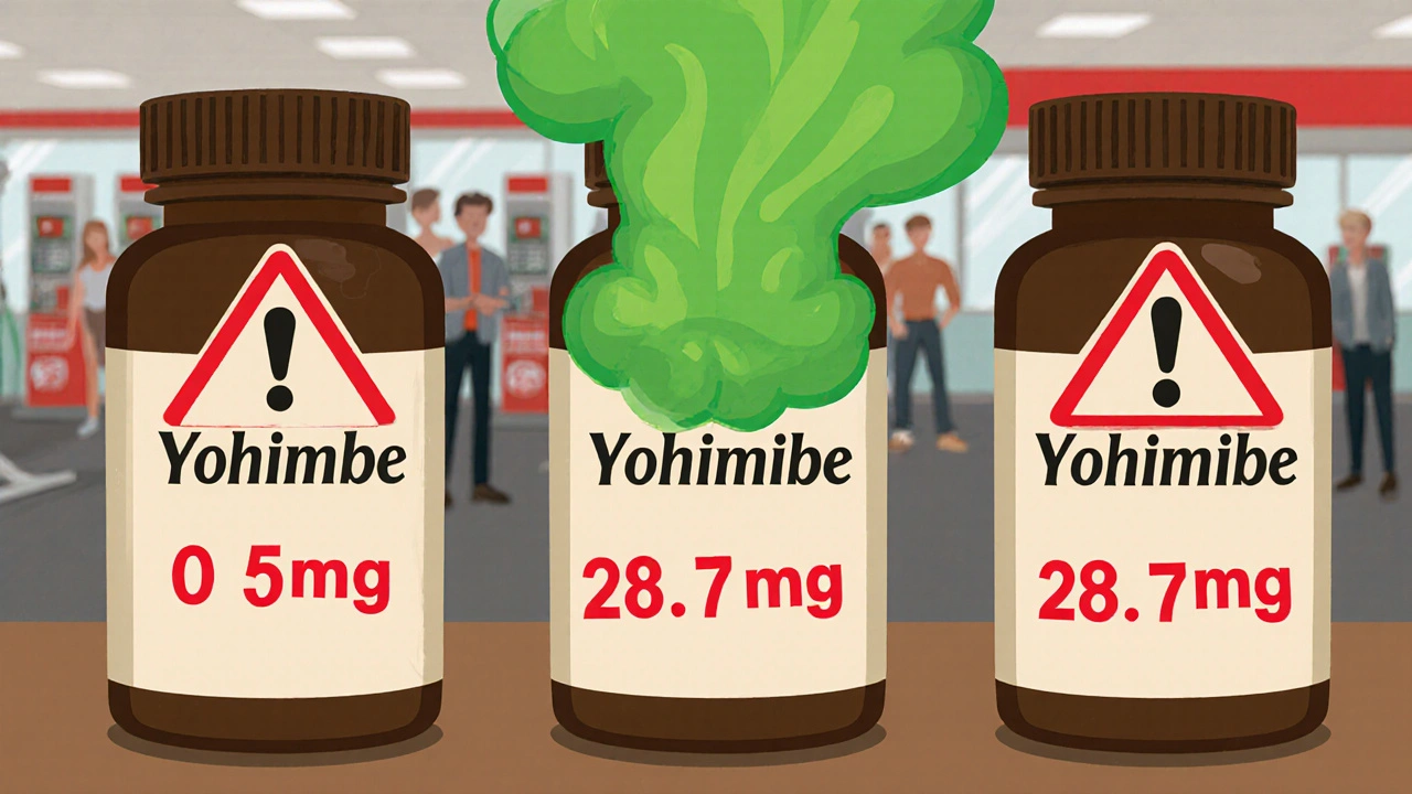 Three yohimbe supplement bottles on a shelf show wildly different yohimbine doses, one leaking toxic smoke, others glowing with danger symbols.
