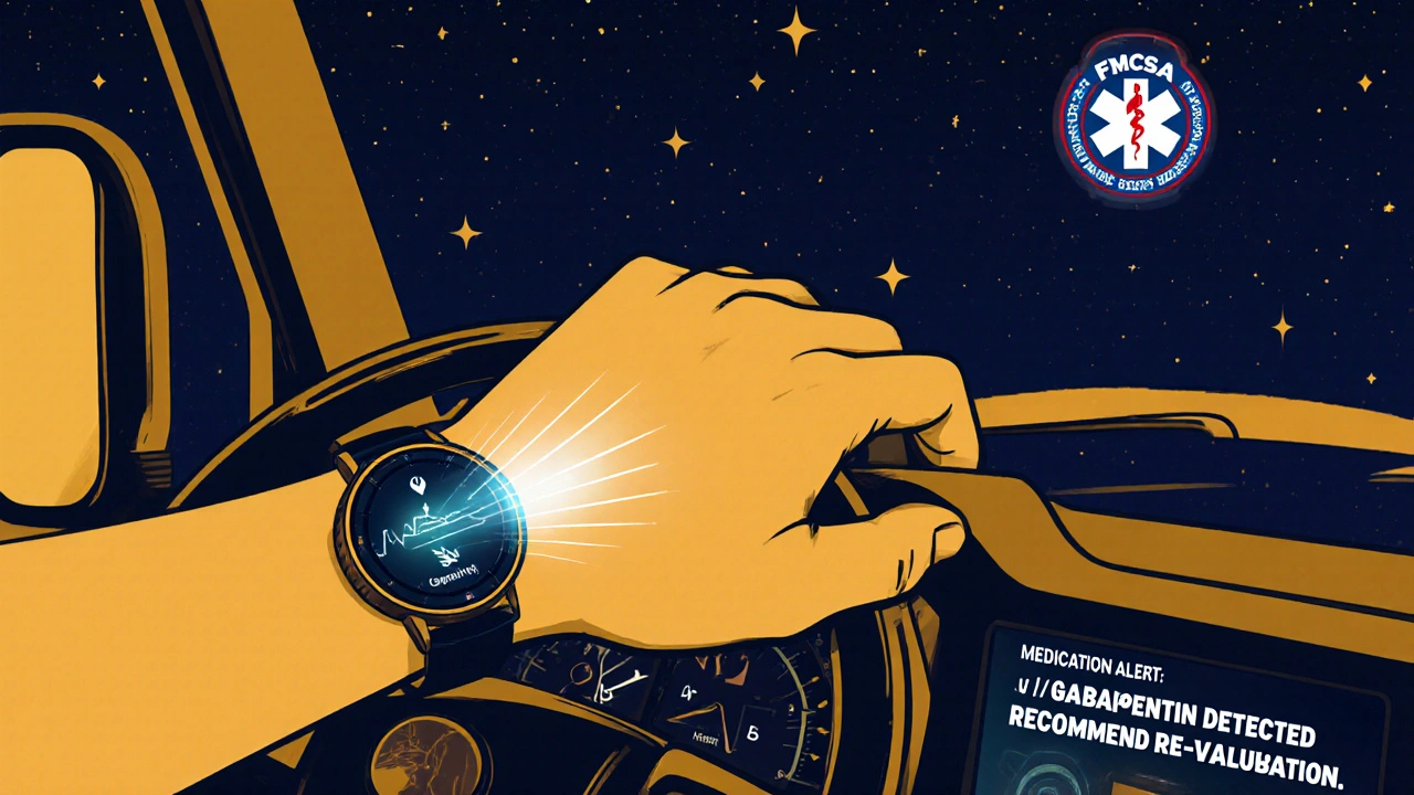 Trucker wearing smartwatch with biometric fatigue alerts during night drive