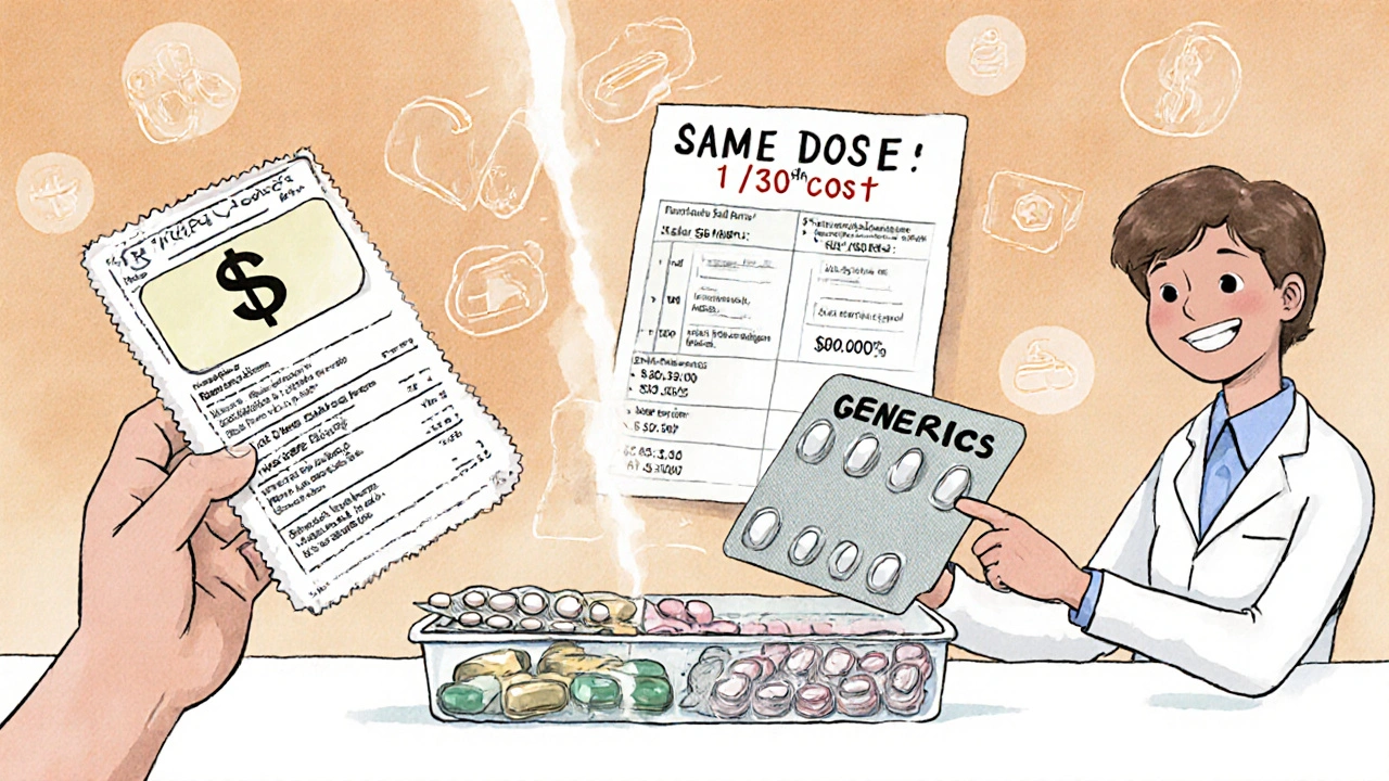Two separate generic pills neatly packed in one blister pack, labeled as affordable alternative to expensive combo drug.