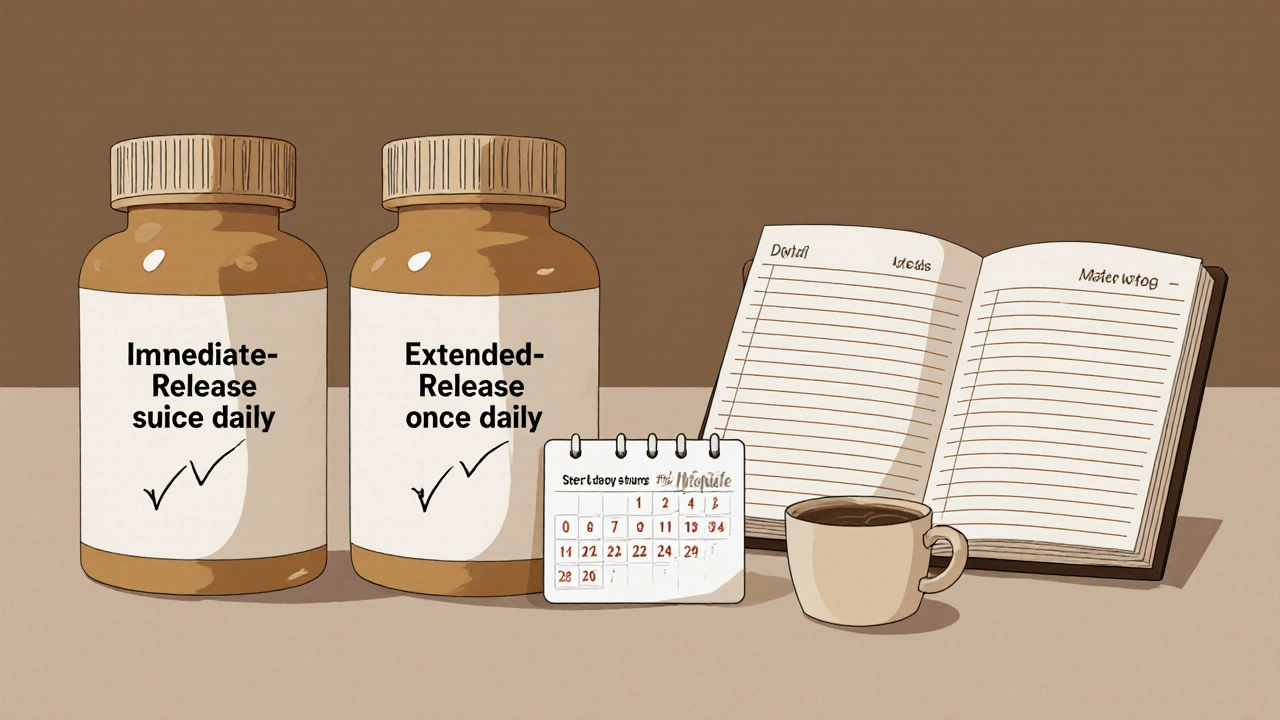 Two types of tolterodine pills beside a calendar and bladder diary, showing treatment tracking over weeks.
