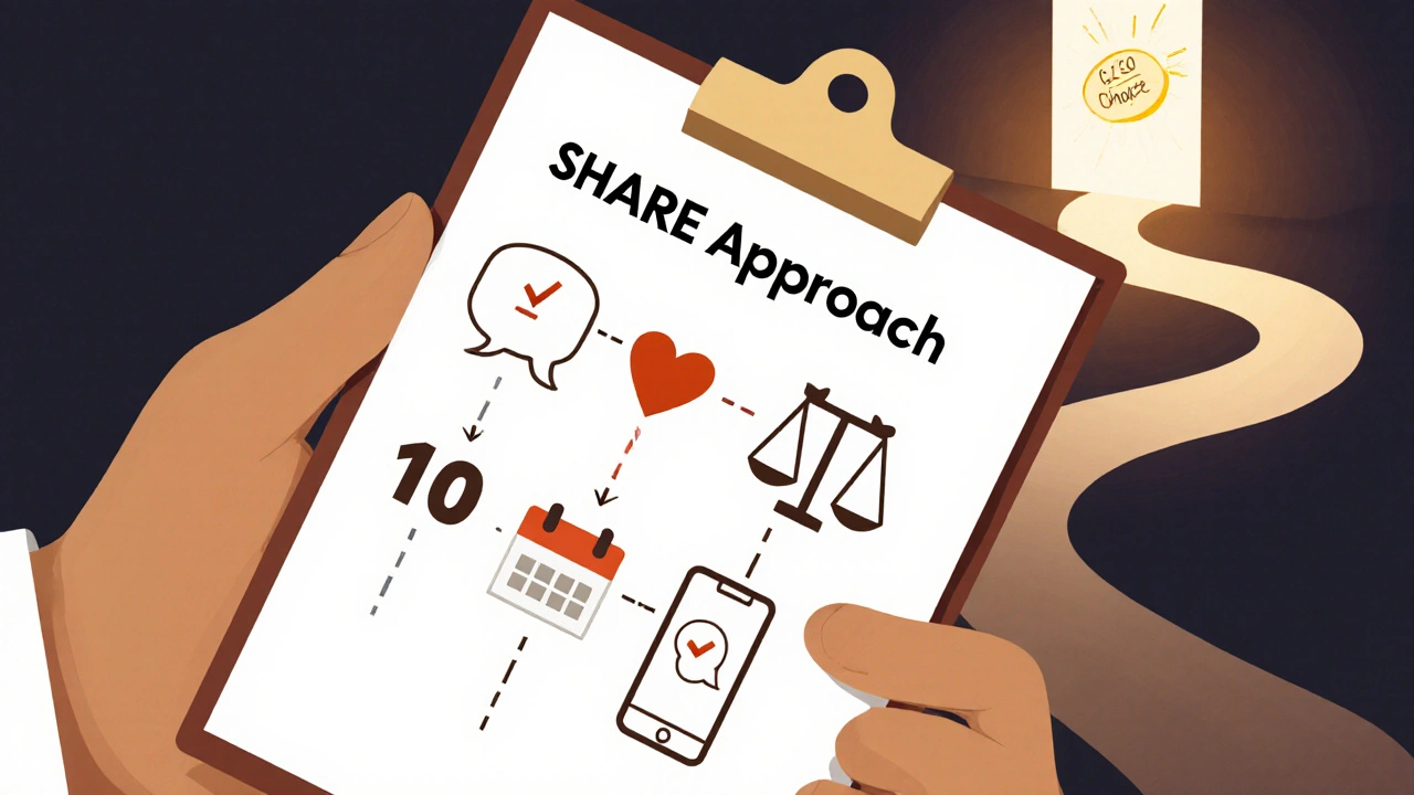 Visual guide of the SHARE approach steps leading to a patient&#039;s empowered decision.