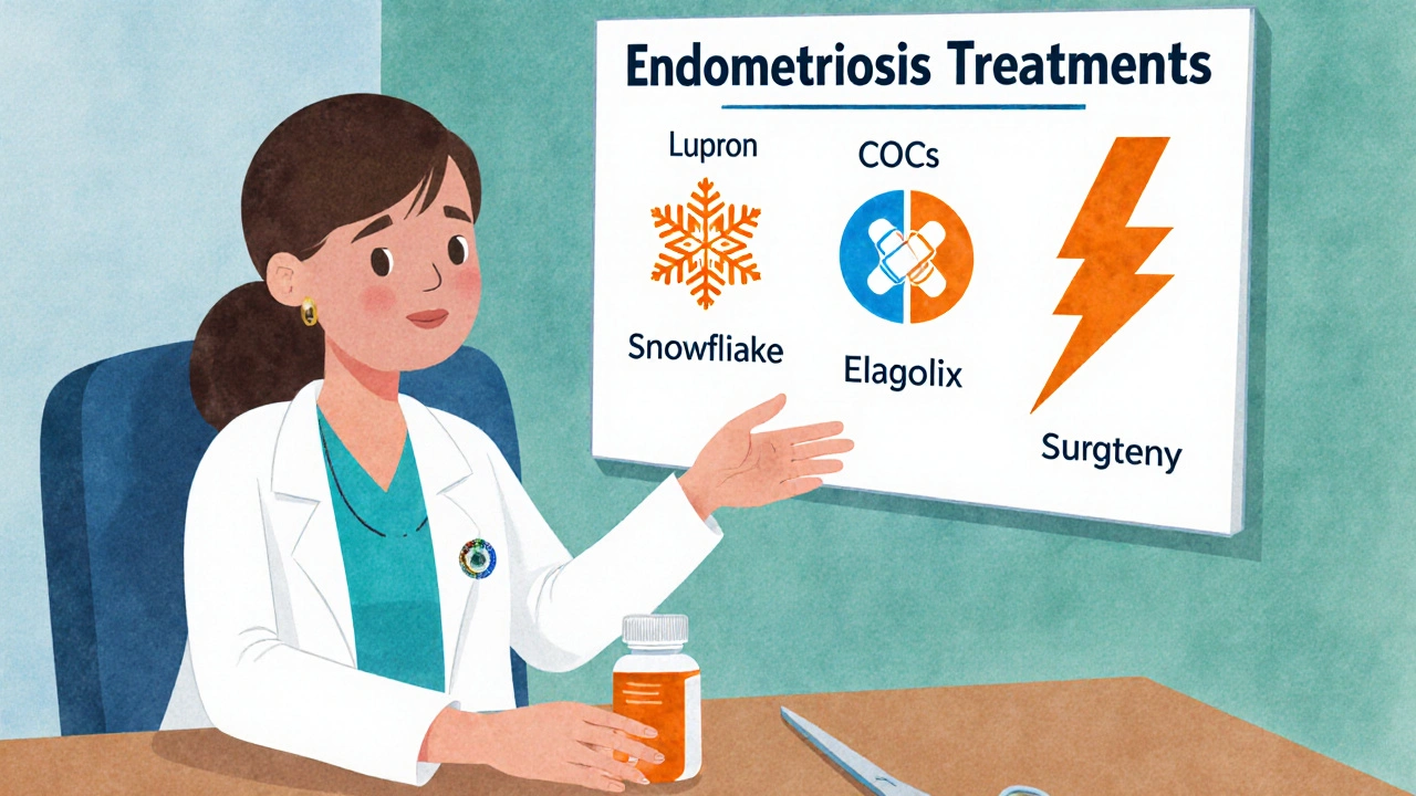 Woman at doctor’s office viewing a chart of endometriosis treatment options with symbolic icons.