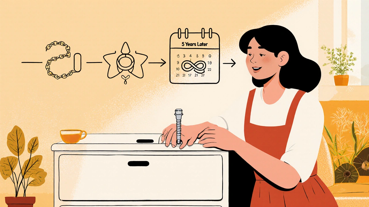 Woman reaching for a contraceptive implant as a timeline shows long-term birth control options.