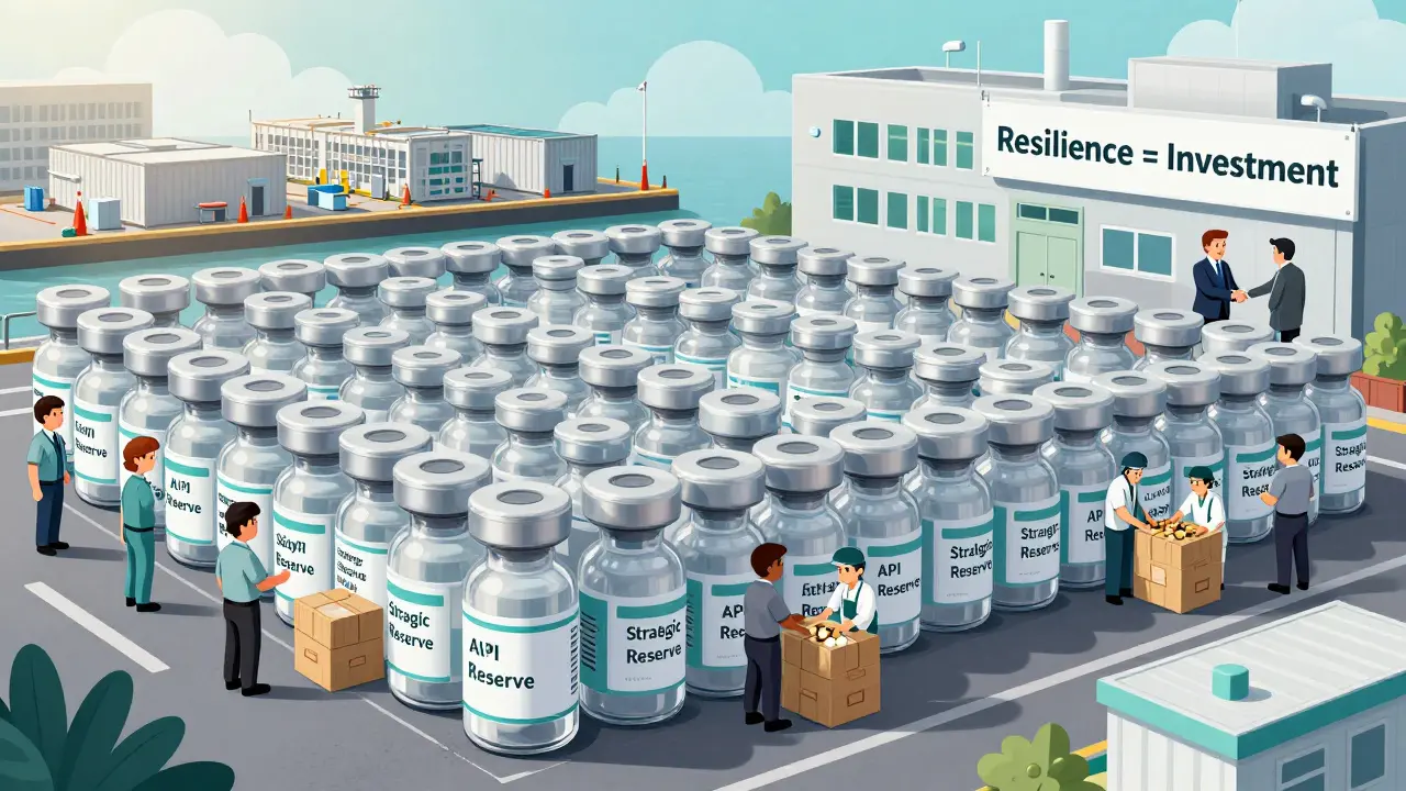 90-day medicine stockpile forming a wall around a hospital, modular factories rising in distance.