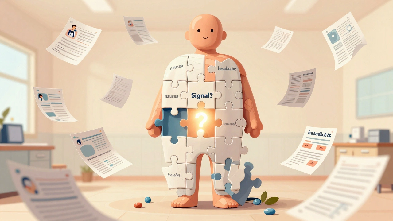 A human body puzzle with a missing question mark piece, surrounded by incoming safety reports.