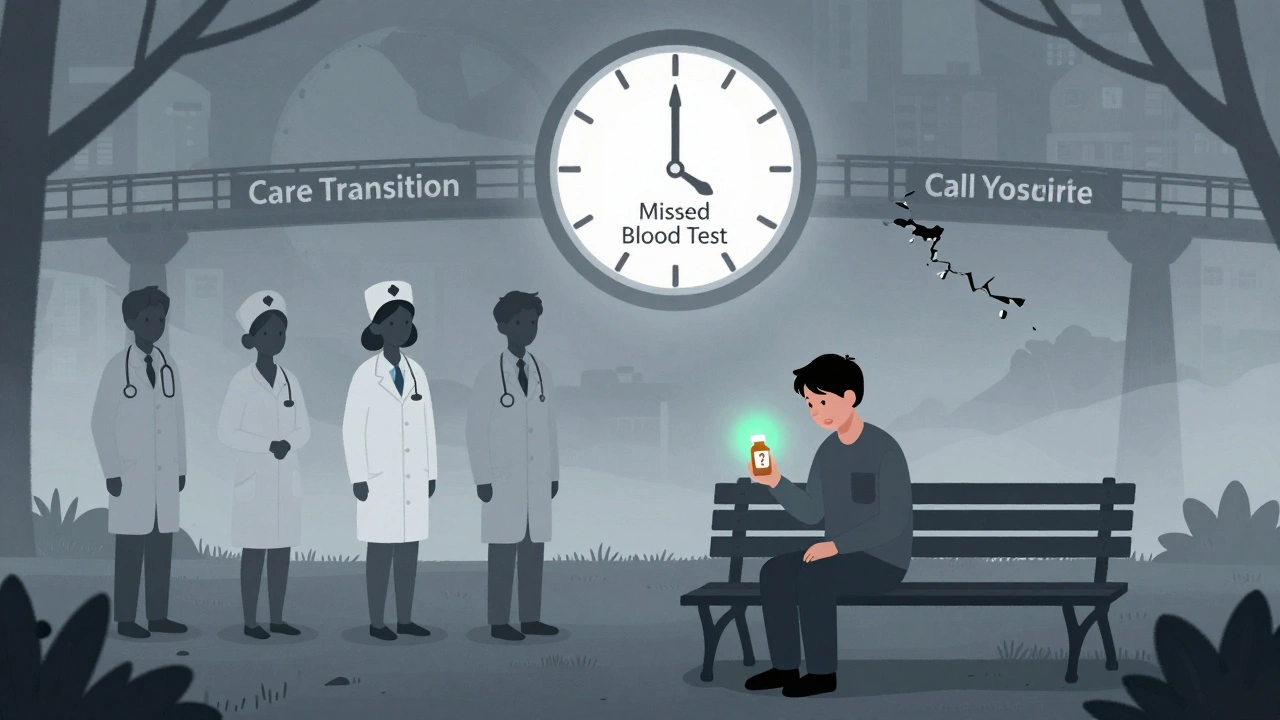 A lonely patient on a bench with a question-mark pill bottle, while healthcare workers are distracted in the distance.