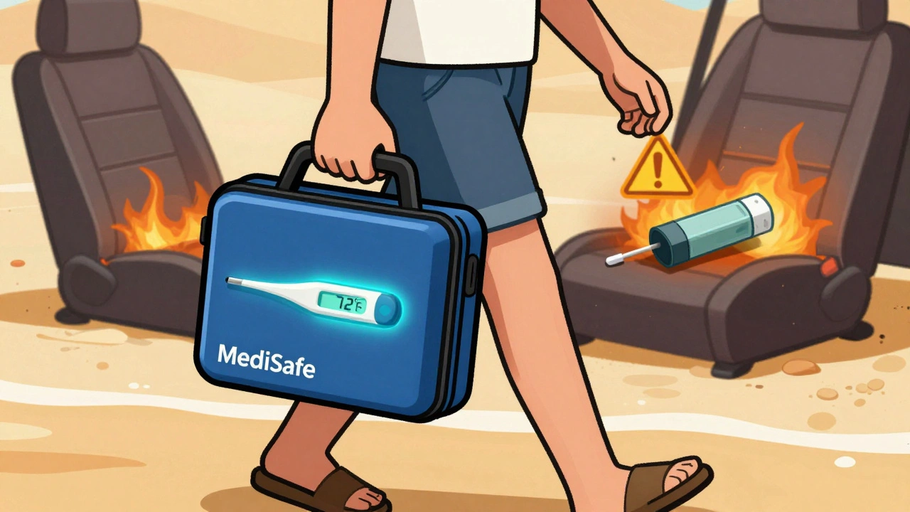A person carrying a temperature-controlled inhaler case on a beach, while a discarded inhaler melts in a hot car.