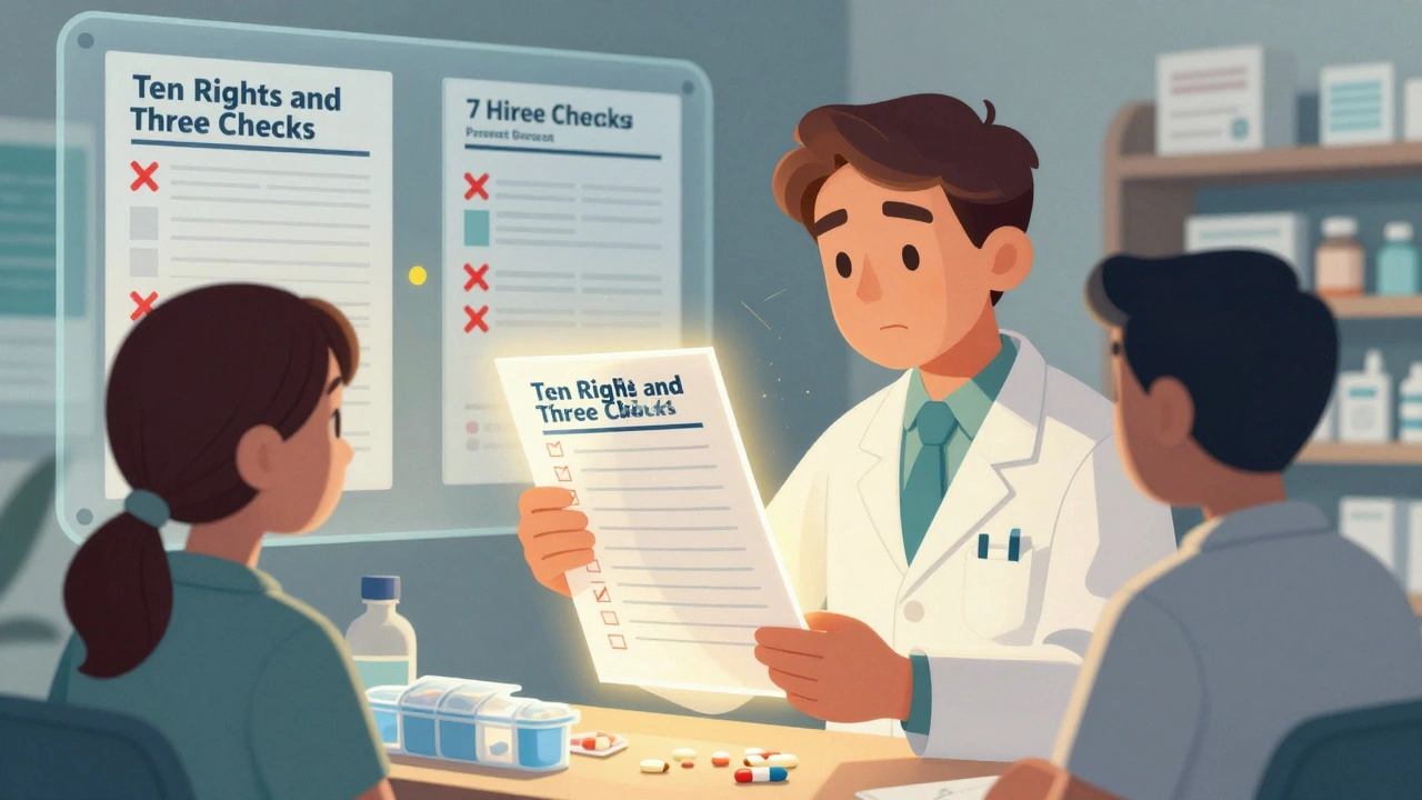 A pharmacist performing a detailed medication check with overlapping medical records in the background.