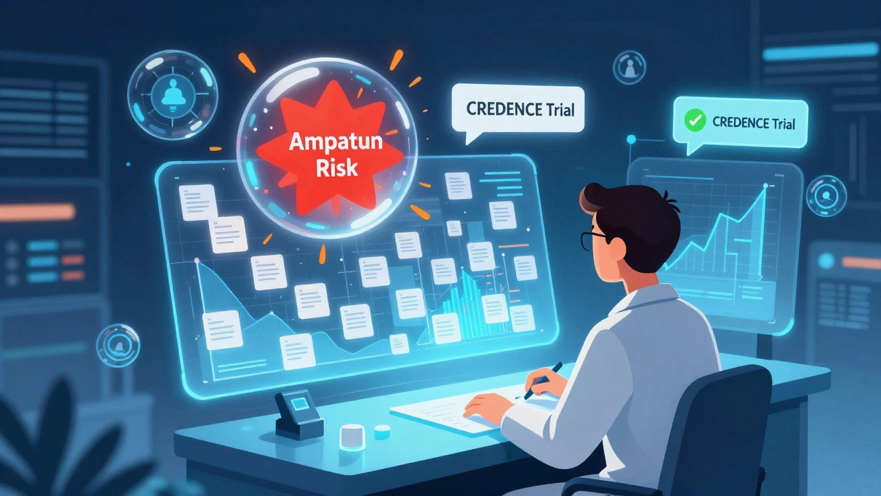 A scientist monitoring data streams as AI flags a false alarm and a confirmed trial result.