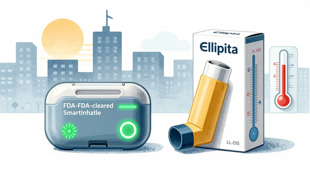 A smart inhaler case with temperature alerts next to humidity-sensitive packaging, set against a climate-changed cityscape.