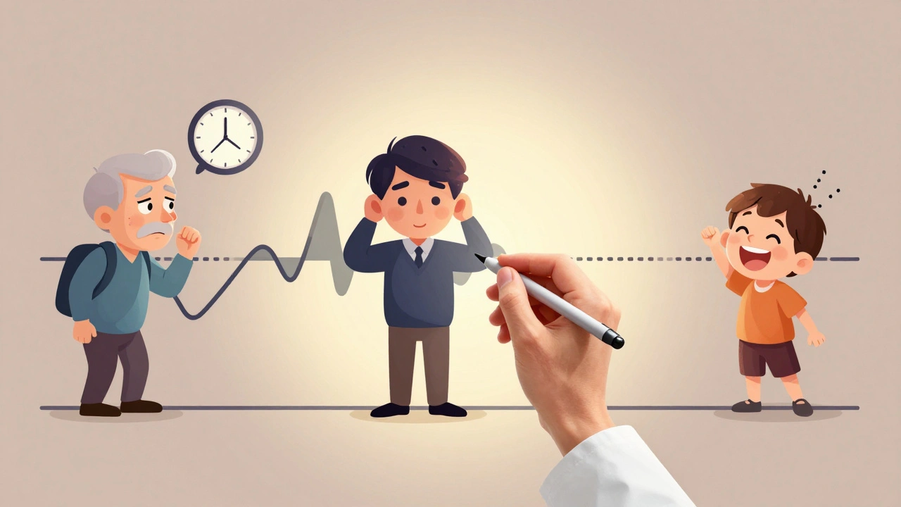 Abstract audiogram with figures representing different types of hearing loss.